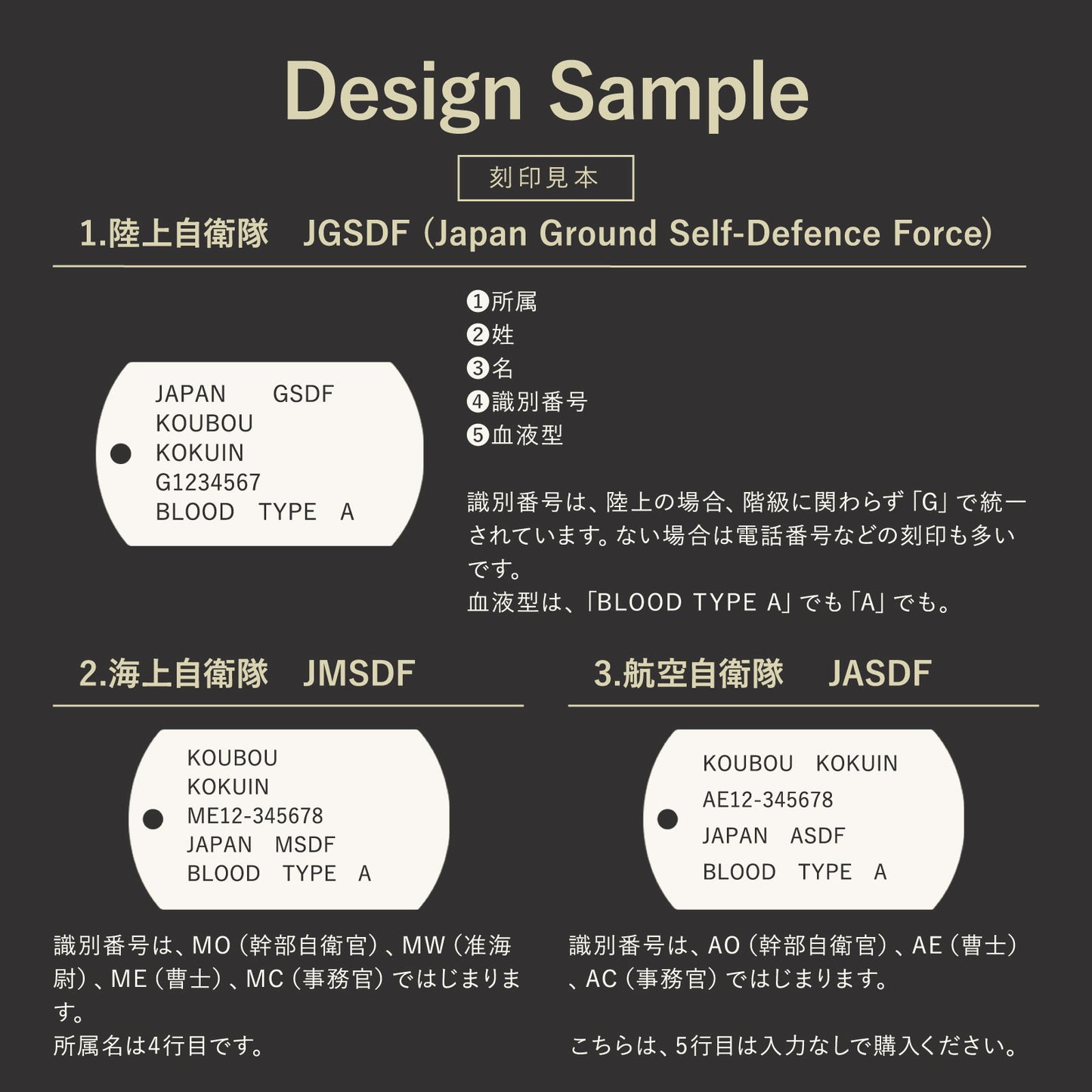 自衛隊ドッグタグ 刻印見本